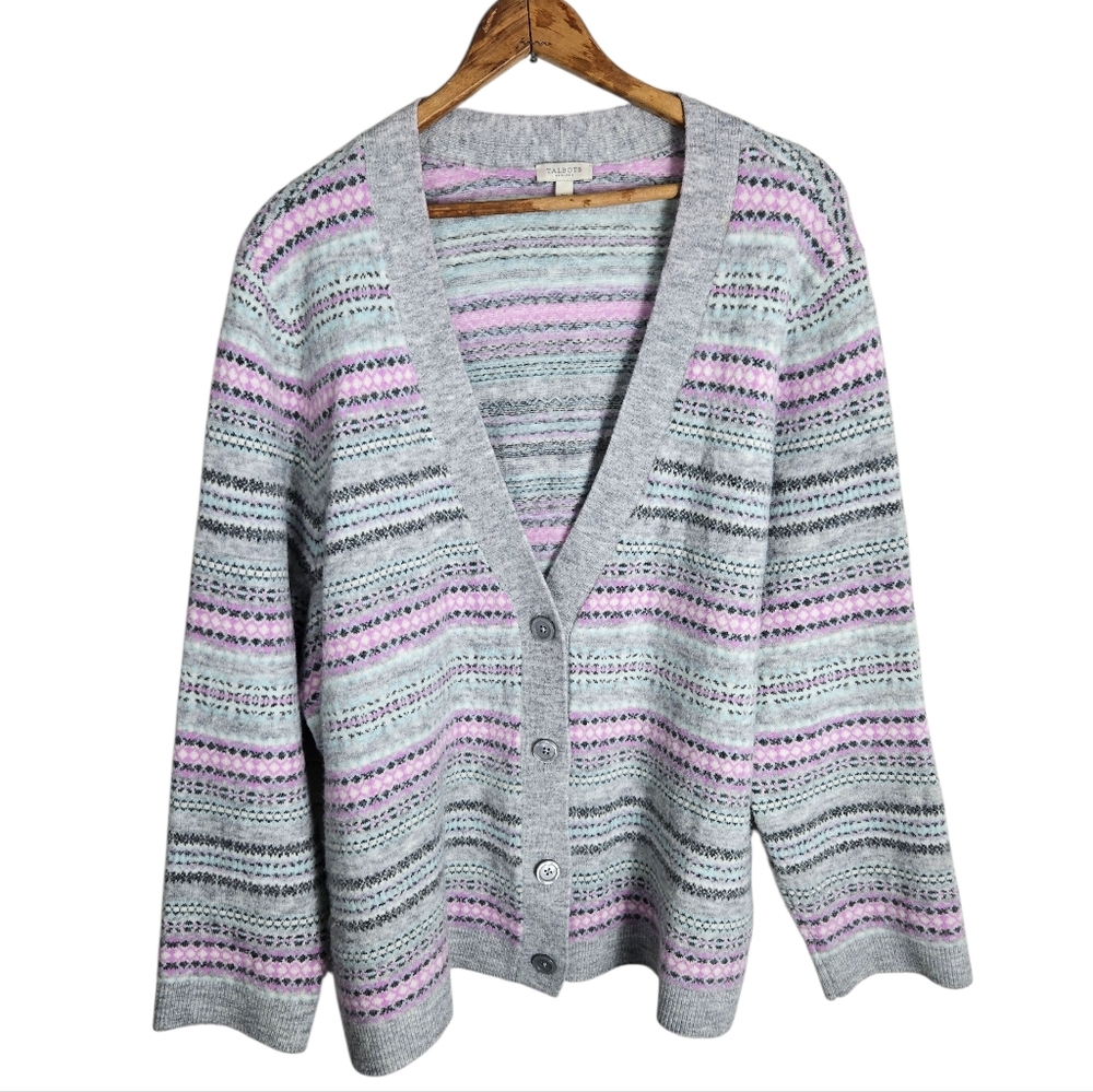 Talbots Fair Isle Inspired Gray and Pink Cardigan, Size 3X